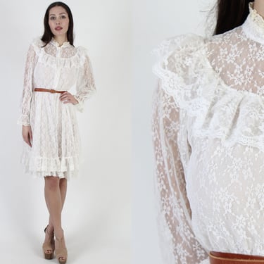 All Over White Lace Prairie Dress / Vintage 70s Floral High Neckline / Boho Tiered Layered Full Circle Skirt 