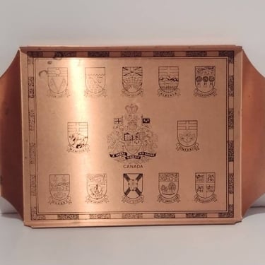 Vintage Fantasy Copperware Canada Provincial Coat of Arms Crest Rectangle Etched Metal Tray 15