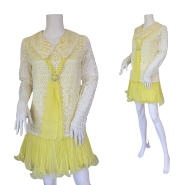 Vicky Vaughn 1960's Yellow White Lace Chiffon Mini GoGo Dress I Sz Med 