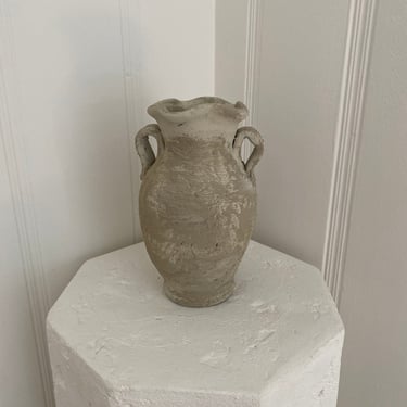 Vintage beige and tan aged and textured terracotta vessel vase with handles 