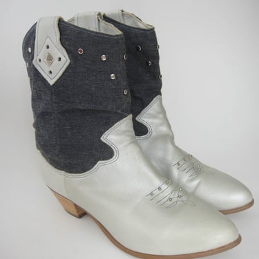 Vintage 80s Denim and Leather Studded Cowboy-Style Ankle Boots -- Size 6.5 