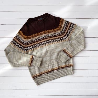 brown grandpa sweater | 70s vintage Sigallo beige orange fair isle style men's women's knit sweater 