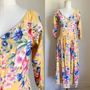 Vintage 1980s Yellow Floral Dress / S 