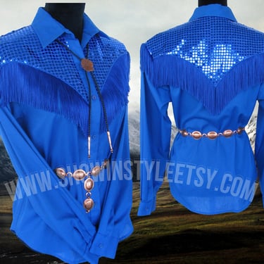 Western Collection Vintage Retro Women's Cowgirl &amp; Rodeo Queen Shirt, Electric Blue, Fringe with Sequins, Tag Size Small (see meas. photo) 