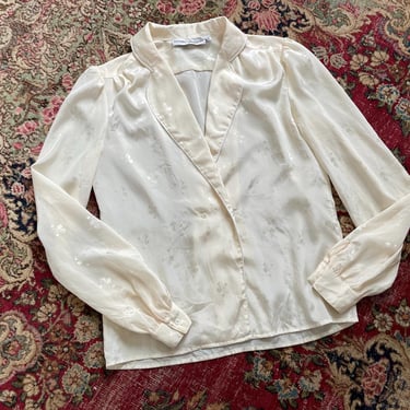 Vintage ‘80s Chester Weinberg ivory silk blouse, double breasted silk shirt, ladies S 