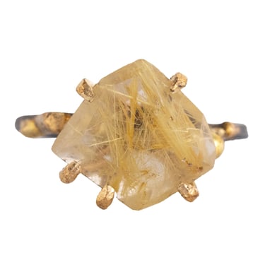 OOAK Rutilated Quartz Medium Stone Ring - Oxidized Silver with 14k Rose White Gold + 18k Yellow Gold Claws