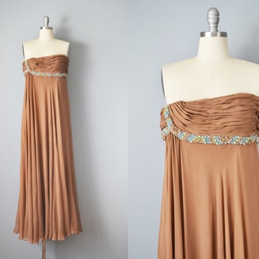 50s Dress // 1950s Strapless Brown Silk Chiffon and Jeweled Goddess Gown // Small-Medium 