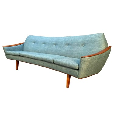 Vintage Danish Mid Century Modern Curved Sofa With Teak Armrests 