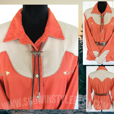 Vintage Retro Women's Cowgirl Western Shirt by Panhandle Slim, Rodeo Queen Blouse, Light Orange and Beige, Tag Size Large (see meas. photo) 