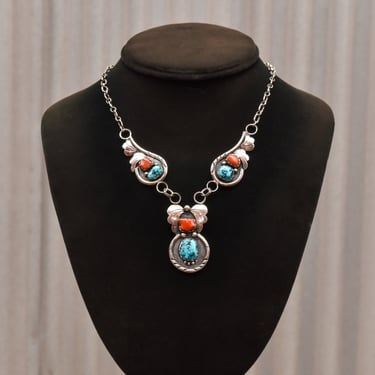 Native American Turquoise & Coral Y-Necklace In Sterling Silver, Natural Gemstone Pendant, 20.5
