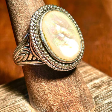 Vintage Large Silver Mother Of Pearl Statement Ring Etched Design Colorful Shell Retro gift 