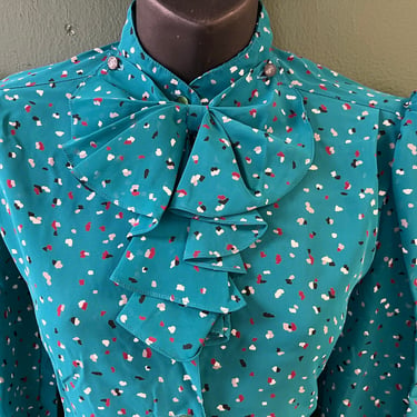 teal ruffle jabot blouse 1970s confetti print secretary top small 