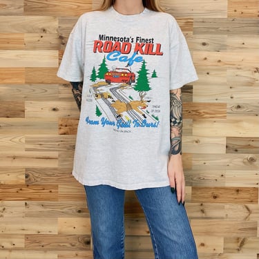 90's Funny Joke Minnesota's Finest Road Kill Cafe Tee Shirt 