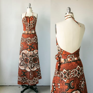 1970s Wrap Dress Cotton Hawaiian Maxi L 