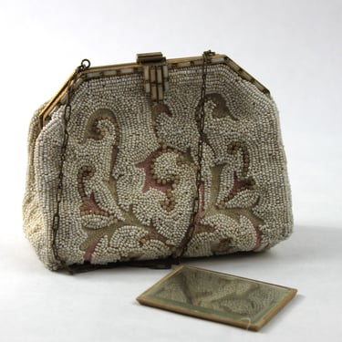 1920s Longchamps France Handbag Beaded Seed Pearl Milk Glass and Marcasite 