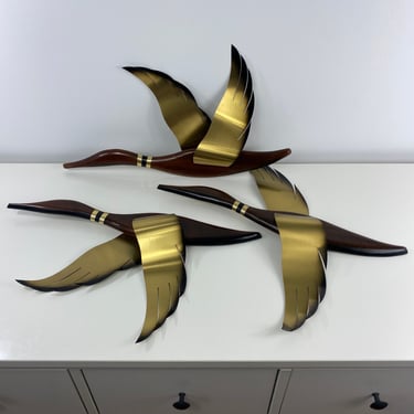 Masketeers Flying Geese Trio, MCM Wall Art, Wooden Body Brass Wings, Mid Century Modern Wall Decor 