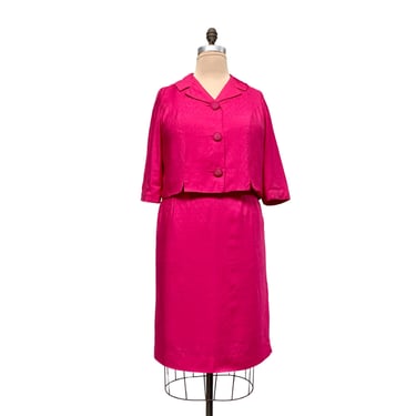 Vintage 1950s Fuchsia Rayon Skirt Suit, Mid-Century Cropped Jacket and Pencil Skirt Set, 50s It's a Sharmon Volup Size X-Large, VFG 