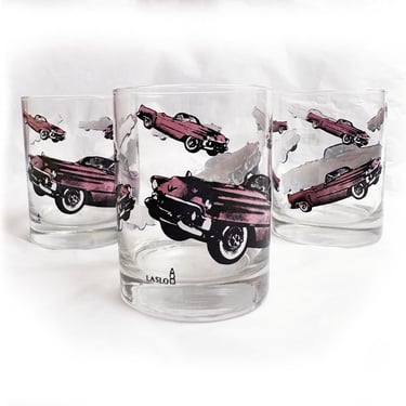 PINK CADILLAC Vintage Drinking Glasses LASLO 1980s, 1950s Old Fashioned Tumblers Barware 
