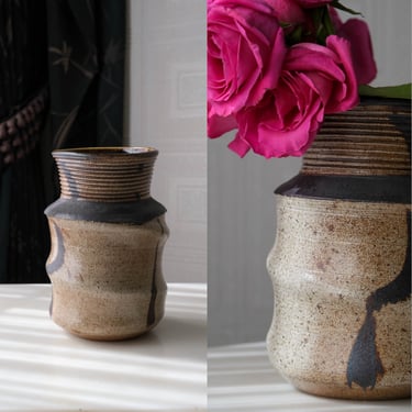 Vintage 80s Signed Hand Thrown Clay Threaded Twist Pottery | Folk Art, Rustic, Coffee Table, Boho Decor | 1980s Artist Glazed Earthtone Vase 