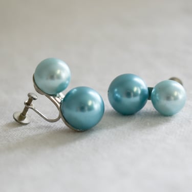 1950s Blue Faux Pearl Screw Back Earrings 