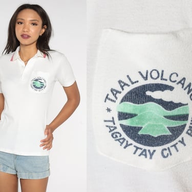 80s Philippines Polo Shirt Taal Volcano Tagaytay Tshirt Surf Graphic Tee 1980s T Shirt White Striped Collared Pocket Lake Mountain Small s 