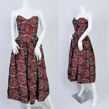 Vintage 1980's Jessica McClintock Burgundy Taffeta Strapless Tea Length Dress l Sz Med 