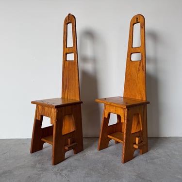 Vintage Arts & Crafts Small Oak Chairs with High Cutout Backrests – Pair 