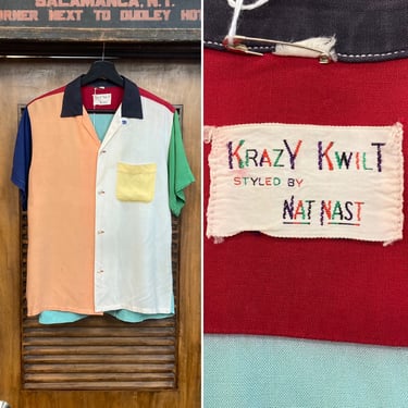 Vintage 1950’s “Krazy Kwilt” End of the Day Rayon Bowling Rockabilly Color Block Shirt, 50’s Loop Collar, Vintage Clothing 