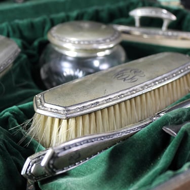 Stunning Antique Sterling Silver 21 Piece Vanity Set in Velvet Lined Case | Bone Small Brush Heads | Horse Hair Bristles | Bixley Shop 