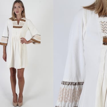 Bohemian Festival Bell Sleeve Dress, Zig Zac Prairie Sundress, Pleated Off White Short Lounge Dress 