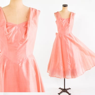 1950s Pink Iridescent Organza Party Dress | 50s Peach Organza Evening Dress | Medium 