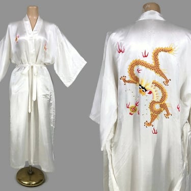 VINTAGE 60s 70s Hand Embroidered White Silk Chinese Kimono Robe by Golden Dragon | 1960s 1970s White Dressing Gown Robe | VFG 