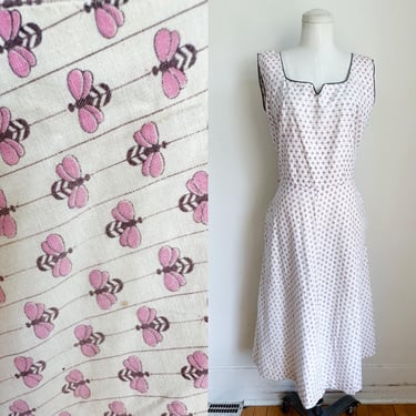 Vintage 1950s Pink Bee Novelty Print Cotton Day Dress / M 