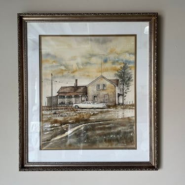 1970's Jamie McElhiney Farm House Landscape Watercolor Painting, Framed 