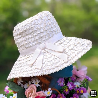 Chic Vintage 60s White Raffia Wide Brim Hat 