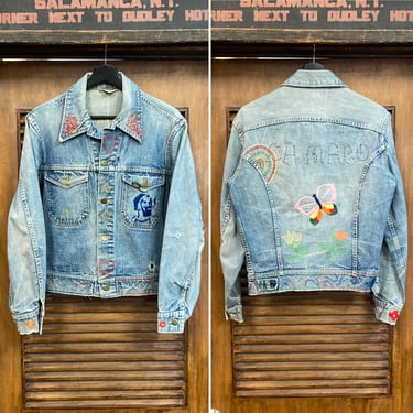 Vintage 1970’s Lee Denim Trucker Jacket, Hippie Zig Zag Pot Butterfly Embroidery, Woodstock Style, Original, 70’s Vintage Clothing 