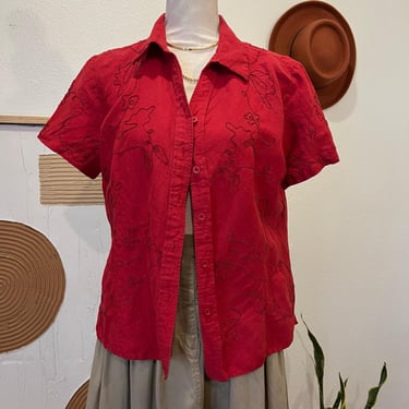 Vintage 90s Red Embroidered Raised Detail Silk Linen Short Sleeve Button Top 