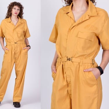 70s Mustard Yellow Belted Jumpsuit - Men's Large | Vintage Distressed Short Sleeve Coverall Utility Workwear Pantsuit 