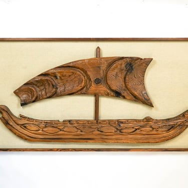 Witco Wood Viking Ship Wall Mounted Mounted with Canvas Backing Tiki Style 