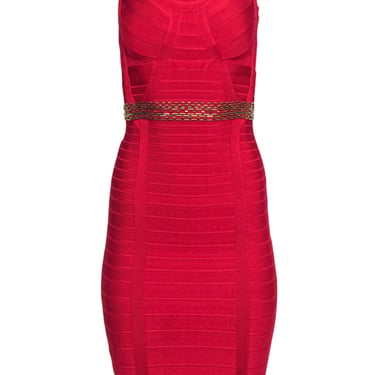 Herve Leger - Red Bandage Dress w/ Antiqued Gold Beaded Trim Sz XS