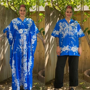 Vintage 1980’s Blue Hawaiian His and Hers Dress and Shirt Set 