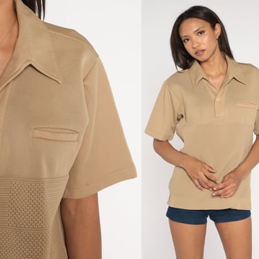 Tan Polo Shirt 70s Textured Collared Shirt Retro Short Sleeve Top Plain Vintage 1970s Pointed Collar Preppy Blank Men's Medium Large 