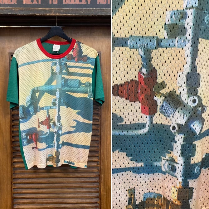 Vintage 1970’s Factory Machinery Mesh Jersey Ringer Pop Art Tee Shirt, 70’s T Shirt, Vintage Clothing 