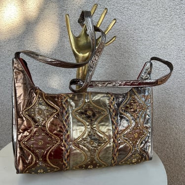 Vintage glam metallic bronze silver shoulder bag with studs by Tiffany Rose 