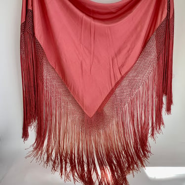 1920'S PIANO SHAWL - Vintage Pink Color - All Silk - Long Woven Fringe - 46 Inch Square Plus 22 Inches of Fringe Around 