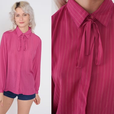 Deep Pink Striped Ascot Blouse 70s Necktie Top Semi-Sheer Pussy Bow Shirt Button Up Boho Long Sleeve Neck Tie Secretary Vintage 1970s Medium 