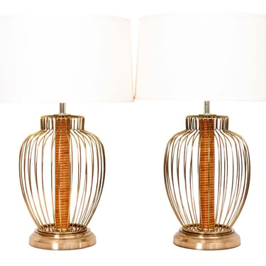 Pair Of Brass and Rattan Wrapped Lamps