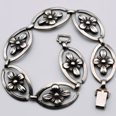 1920's Arts & Crafts style 925 silver flowers bracelet, WE Richards sterling Art Deco floral links 