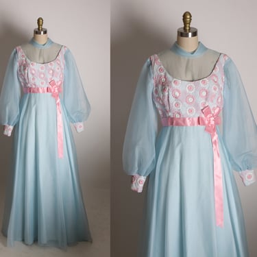 1960s Blue and Pink Sheer Overlay Floral Flower Power Bodice Full Length Long Sleeve Empire Waist Dress by Nadine -S 