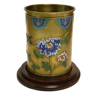 Chinese Floral Bronze Cloisonne Enamel Cylinder Vase w/ Wood Base 